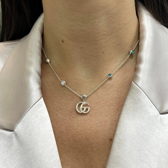 Gucci Double G Mother Of Pearl Necklace 925 Sterling Silver 17 Inches - Picture 1 of 7